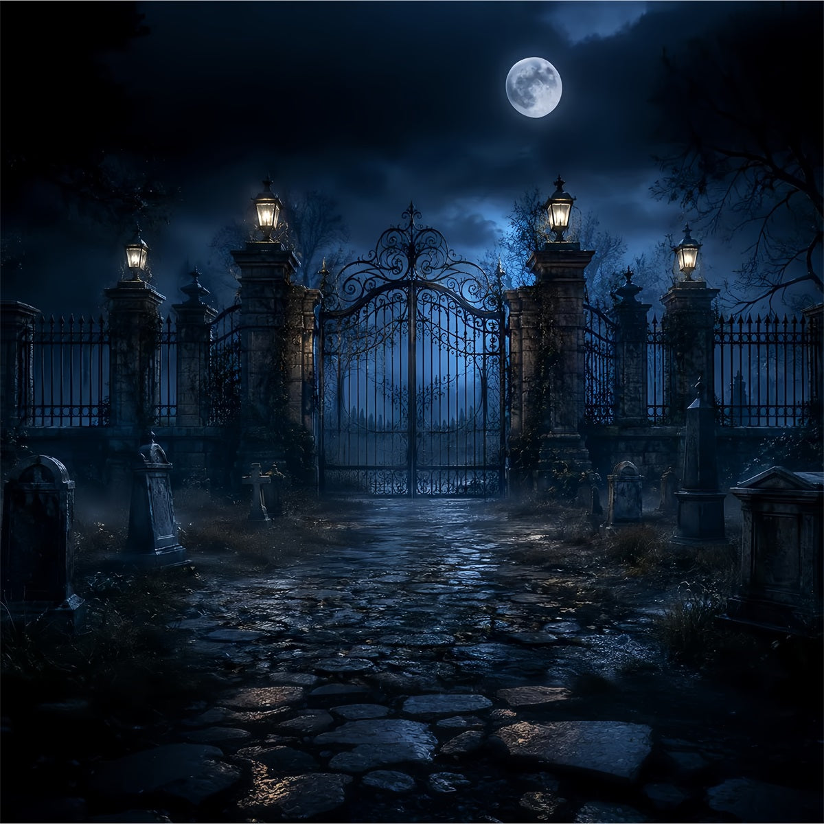 Décor Extérieur D'Halloween Pour Photos Cimetière Au Clair De Lune Avec Porte En Fer Forgé LXX67-120