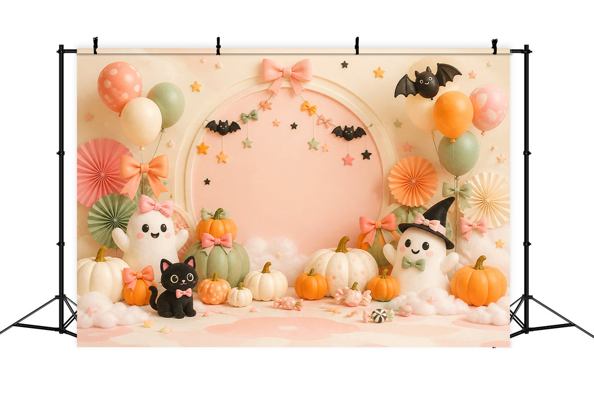 Fond Photo D'Halloween Mignon Fantôme Pastel Chat Et Citrouilles LXX67-123