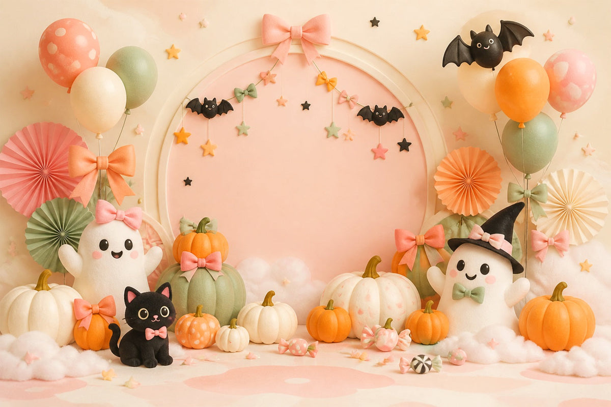 Fond Photo D'Halloween Mignon Fantôme Pastel Chat Et Citrouilles LXX67-123