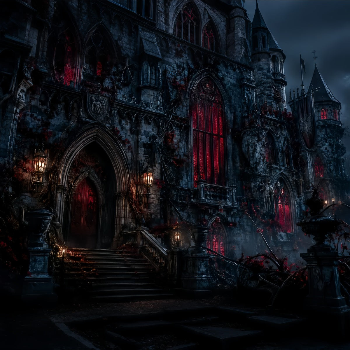 Décor De Château D'Halloween Maison Sombre Fenêtres Rouges Grand Décor D'Halloween LXX67-126