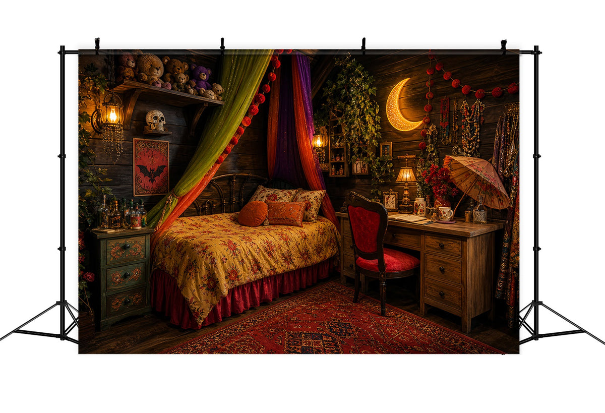 Fond Photo D'Halloween Mignon Style Bohème Sorcière Chambre Clair De Lune Halloween LXX67-13