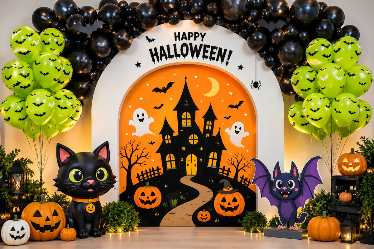 Décor De Fond Pour Photomaton Halloween Avec Ballons Et Chat Mignon Thème Fête D'Halloween LXX67-130