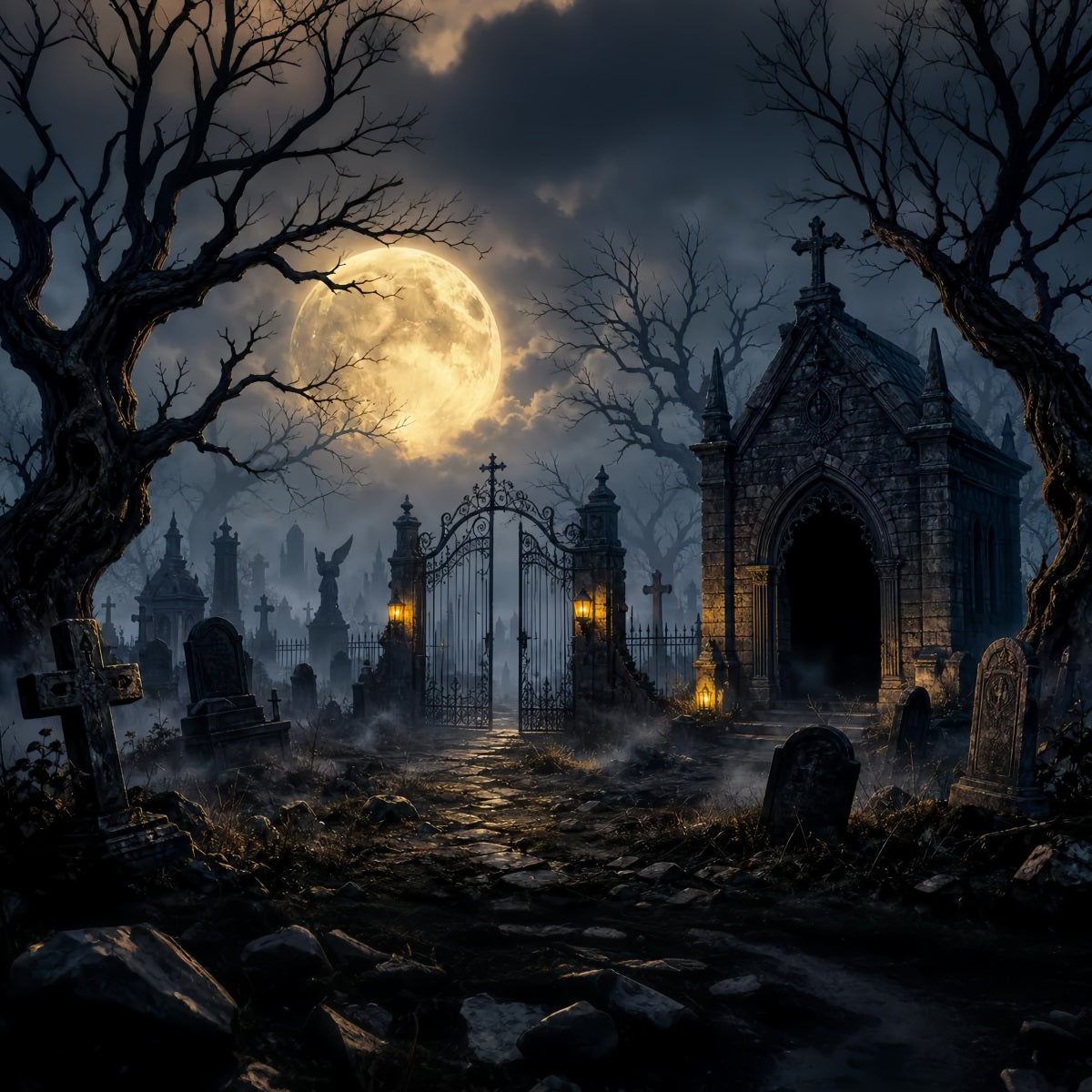 Décor De Cimetière D'Halloween Avec Porte De Cimetière Gothique Éclairée Par La Lune Décor LXX67-132