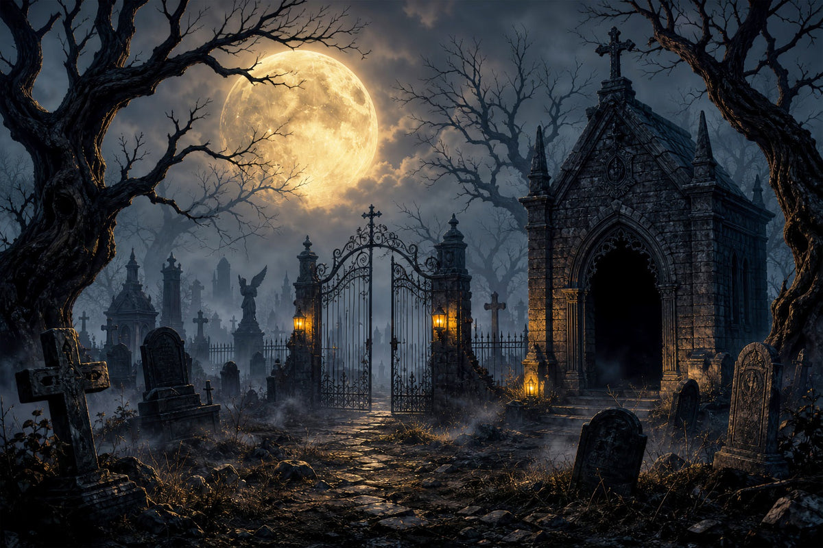 Décor De Cimetière D'Halloween Avec Porte De Cimetière Gothique Éclairée Par La Lune Décor LXX67-132