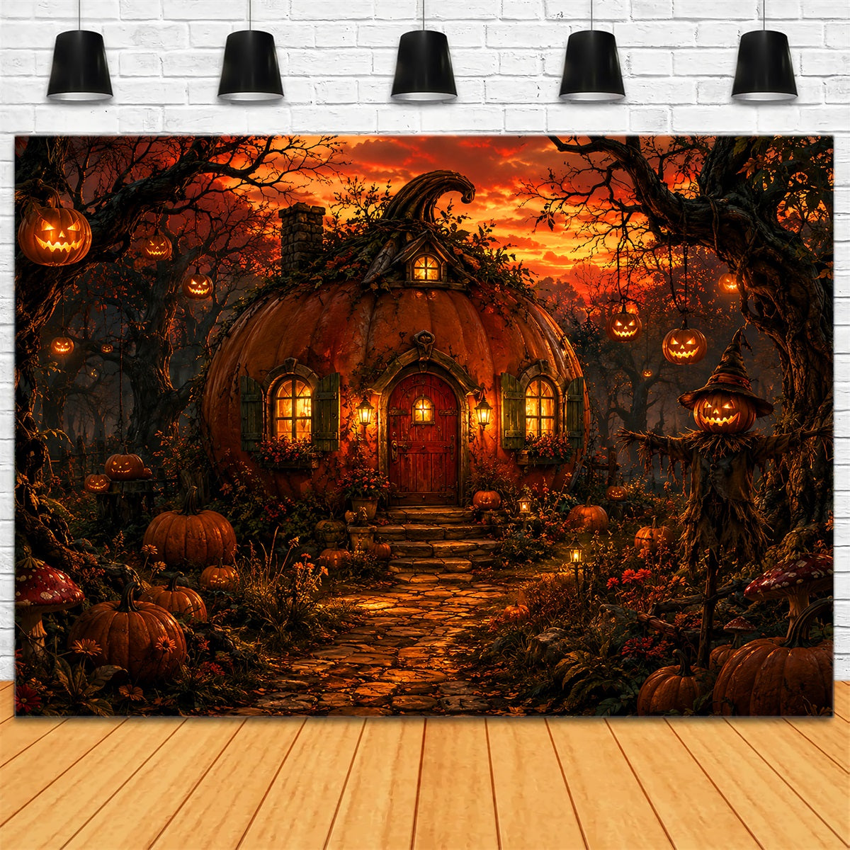 Décor De Maison D'Halloween Citrouille Chalet Forêt Coucher De Soleil Cimetière D'Halloween LXX67-136