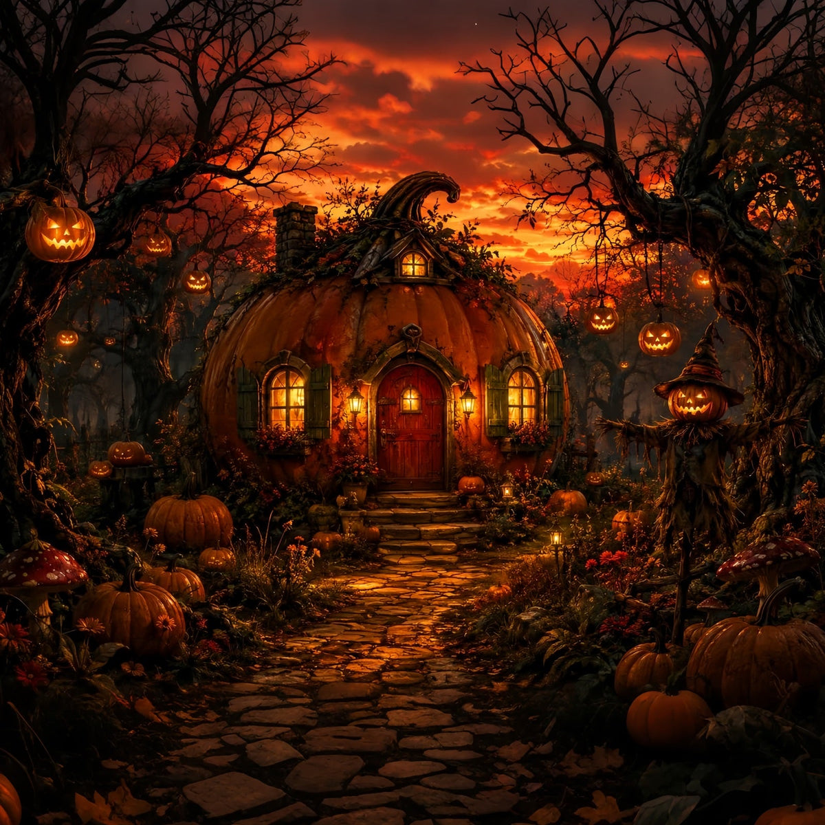 Décor De Maison D'Halloween Citrouille Chalet Forêt Coucher De Soleil Cimetière D'Halloween LXX67-136