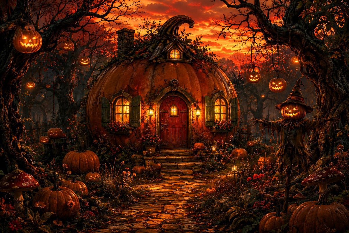 Décor De Maison D'Halloween Citrouille Chalet Forêt Coucher De Soleil Cimetière D'Halloween LXX67-136