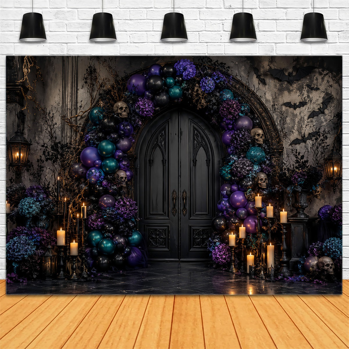Décor De Fond D'Halloween Avec Ballons Crâne Porte Arche Florale Thème Halloween LXX67-139