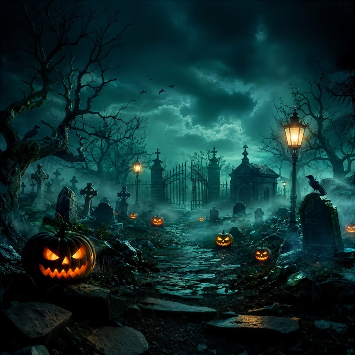 Décor De Cimetière Personnalisé Pour Halloween Porte De Cimetière Brumeuse Et Citrouilles LXX67-14