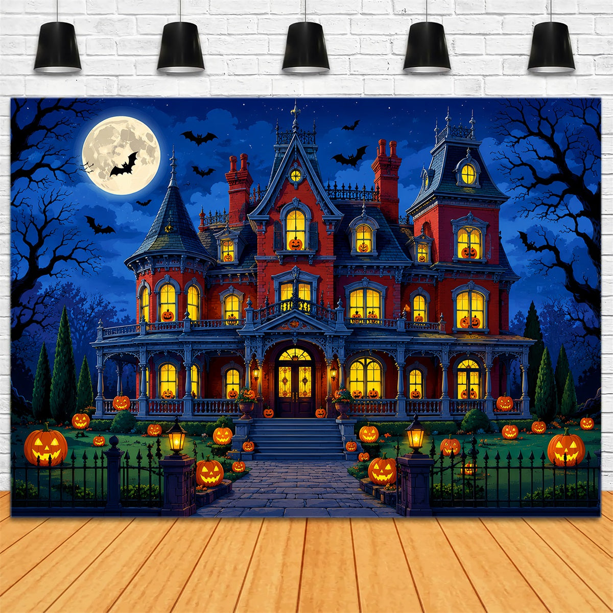 Décor De Fond Pour Photomaton D'Halloween Jardin De Manoir Avec Citrouilles Au Clair De Lune Halloween LXX67-143