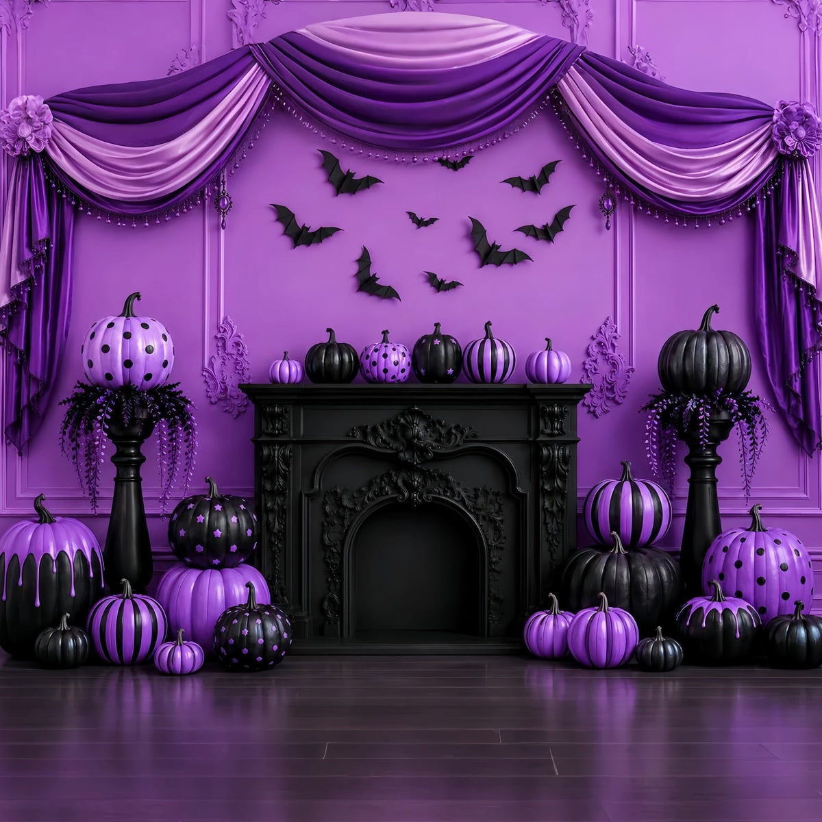 Décor De Scène D'Halloween Citrouille Violette Cheminée Gothique Décors De Photographie D'Halloween LXX67-144