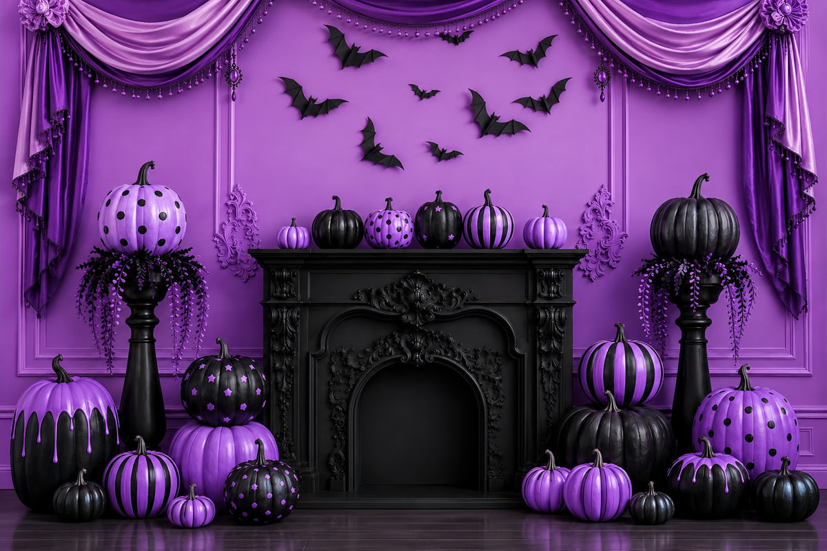 Décor De Scène D'Halloween Citrouille Violette Cheminée Gothique Décors De Photographie D'Halloween LXX67-144