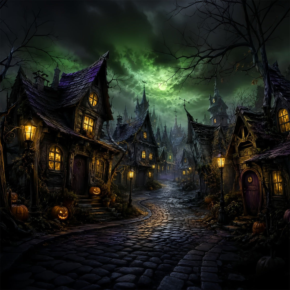 Toiles De Fond Photographiques Halloween Lune Verte Village Tordu Ville D'Halloween LXX67-146