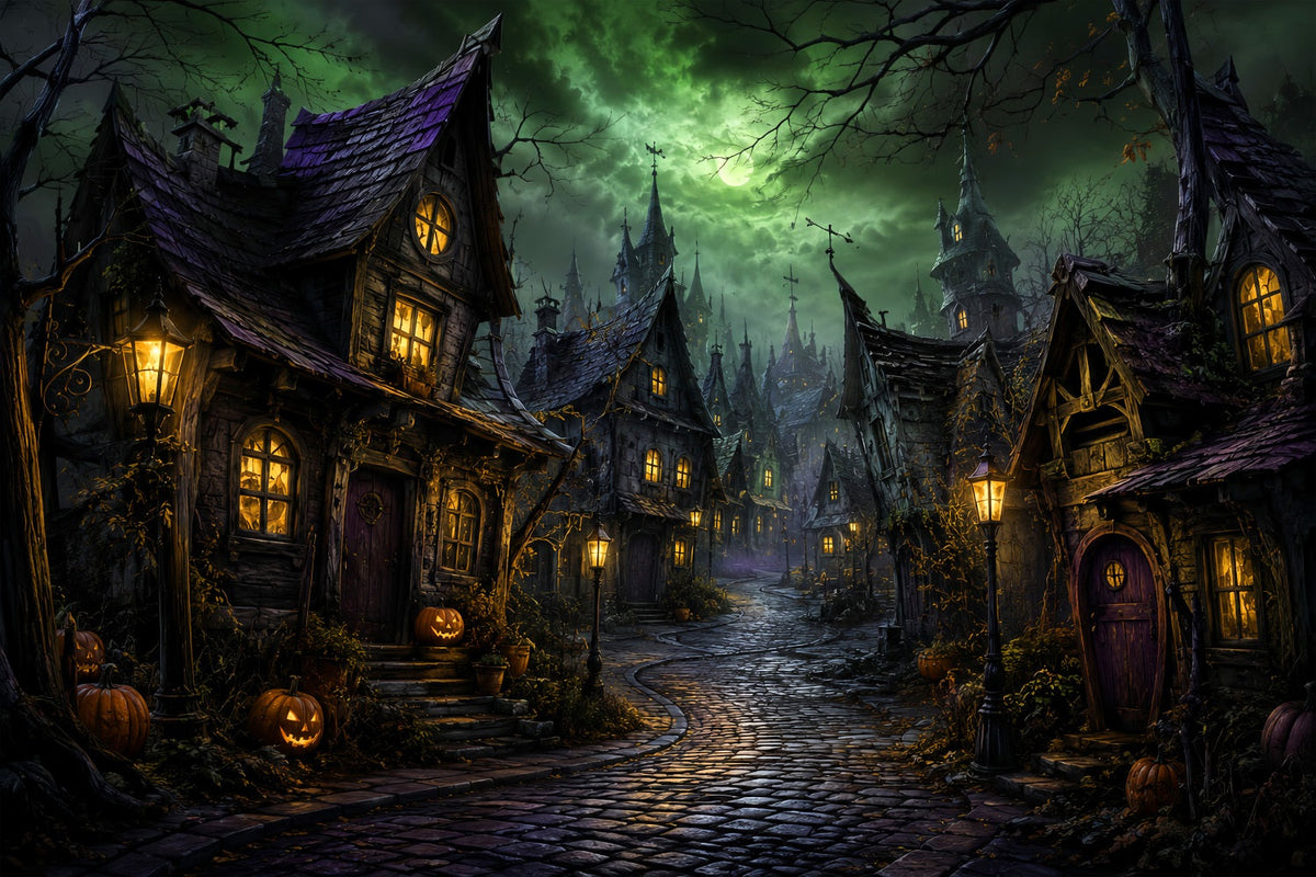 Toiles De Fond Photographiques Halloween Lune Verte Village Tordu Ville D'Halloween LXX67-146