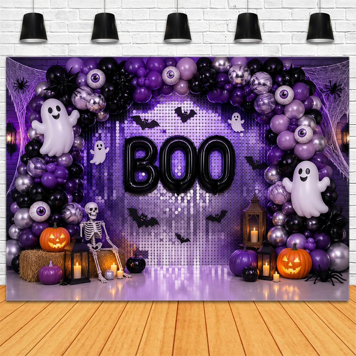 Idées De Décors Pour Photomaton D'Halloween Fond Photo Fantôme Violet Avec Ballons Idéal LXX67-15
