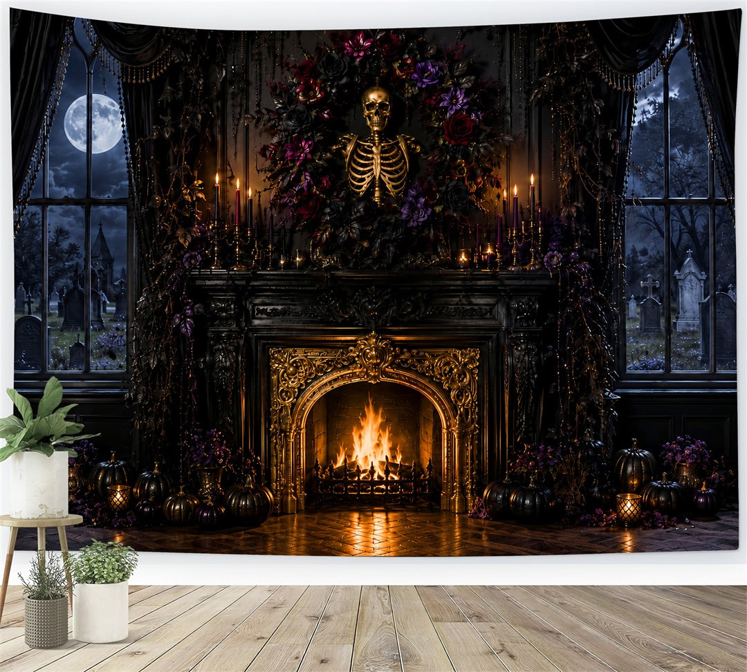 Décor Photographique D'Halloween Squelette Fleurs Cheminée Gothique Décor Effrayant LXX67-151