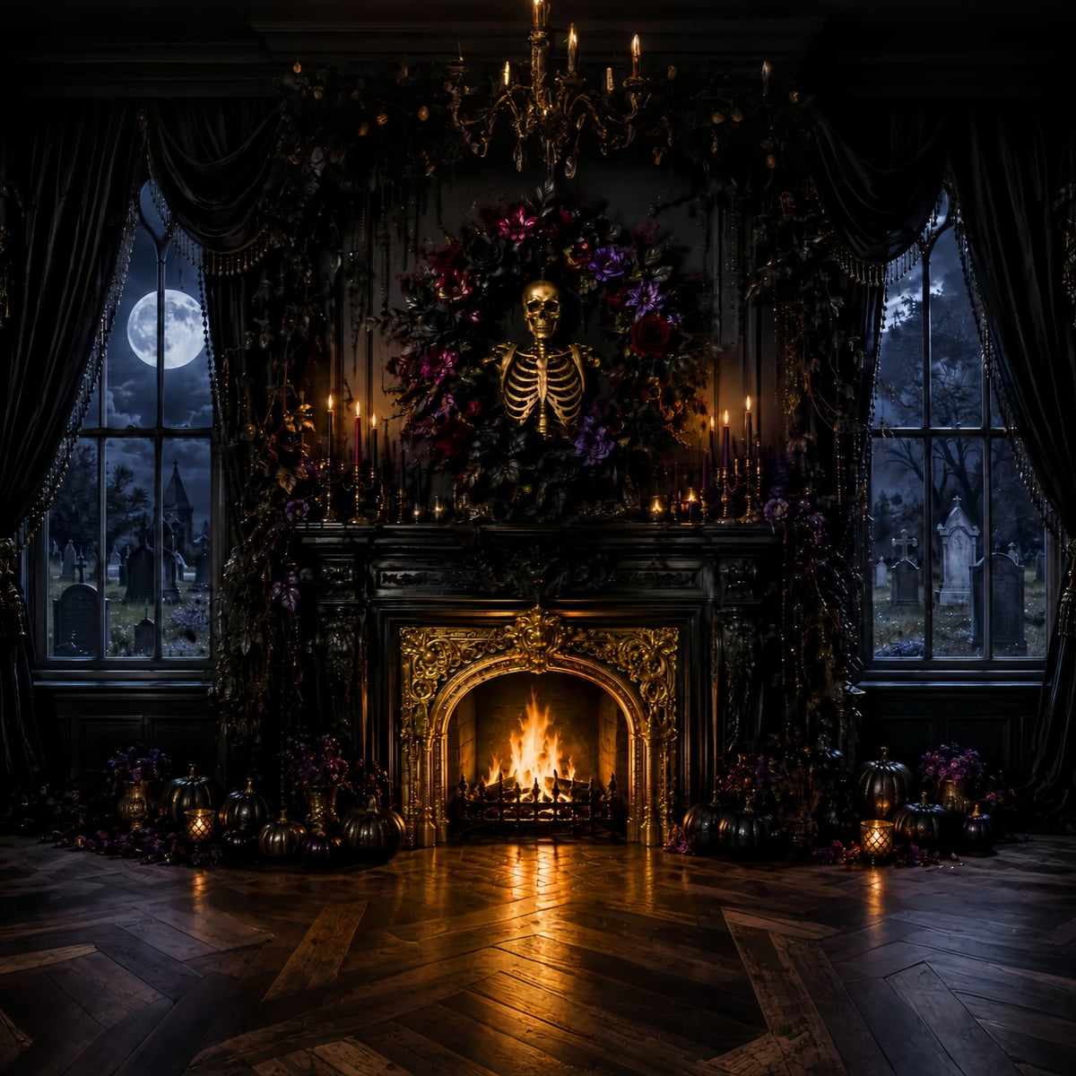 Décor Photographique D'Halloween Squelette Fleurs Cheminée Gothique Décor Effrayant LXX67-151