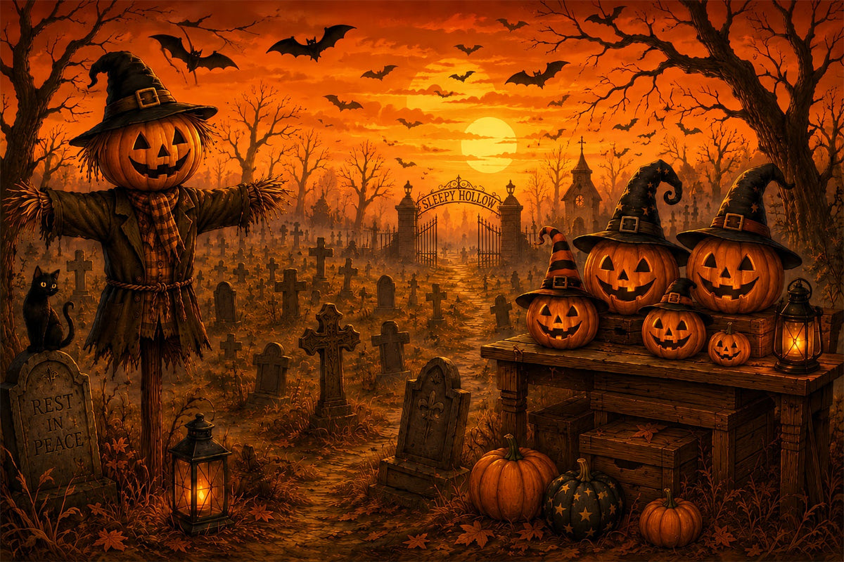 Décor De Fond En Tissu Pour Halloween Épouvantail Citrouille Cimetière Coucher De SoleilDécors LXX67-152