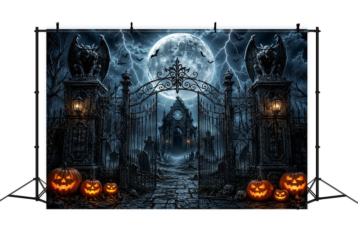 Idées De Décors Photo Pour Une Fête D'Halloween Porte De Cimetière Orageuse Avec Gargouille LXX67-154