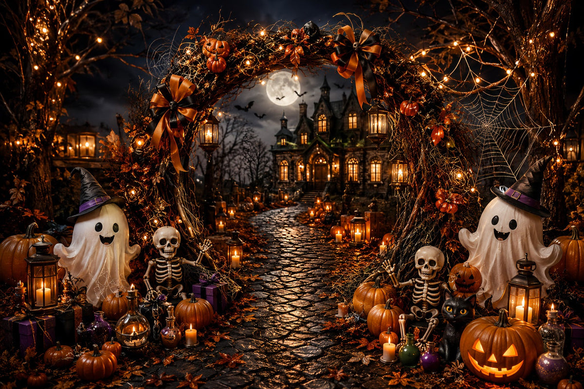 Décor D'Halloween Simple Avec Arche Hantée Fantôme Et Squelette Très Grand Format LXX67-157