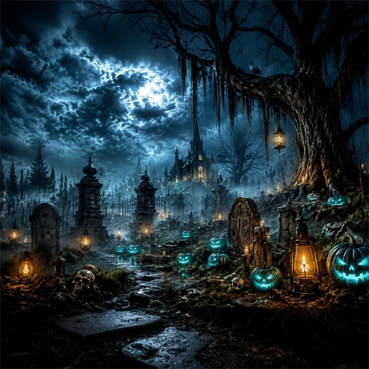 Décor De Château D'Halloween Cimetière Hanté Au Clair De Lune Citrouil les Grand Décor D'Halloween LXX67-16