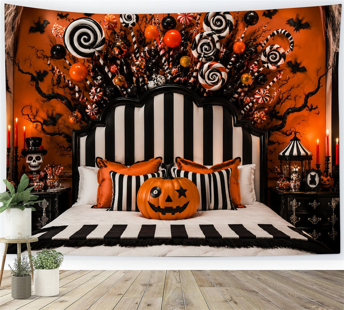 Toile De Fond Photo Pour Fête D'Halloween Citrouilles Et Bonbons Rayés Décoration De Chambre À CoucherLXX67-160