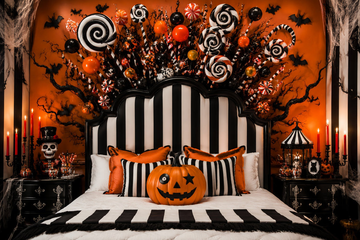 Toile De Fond Photo Pour Fête D'Halloween Citrouilles Et Bonbons Rayés Décoration De Chambre À CoucherLXX67-160