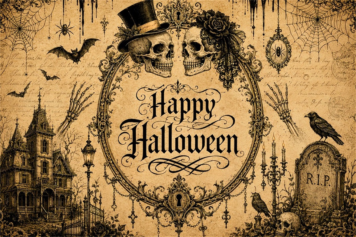 Décor De Mariage D'Halloween Crâne Vintage Gothique oile De Fond Photo Pour Couples alloweenLXX67-162