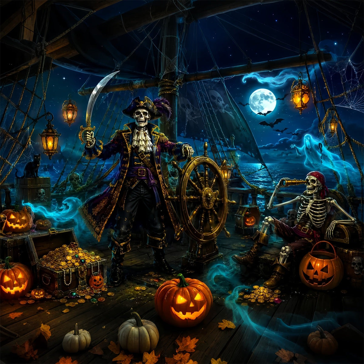 Décor De Fond Halloween Bateau Au Trésor Pirate Squelette LXX67-163
