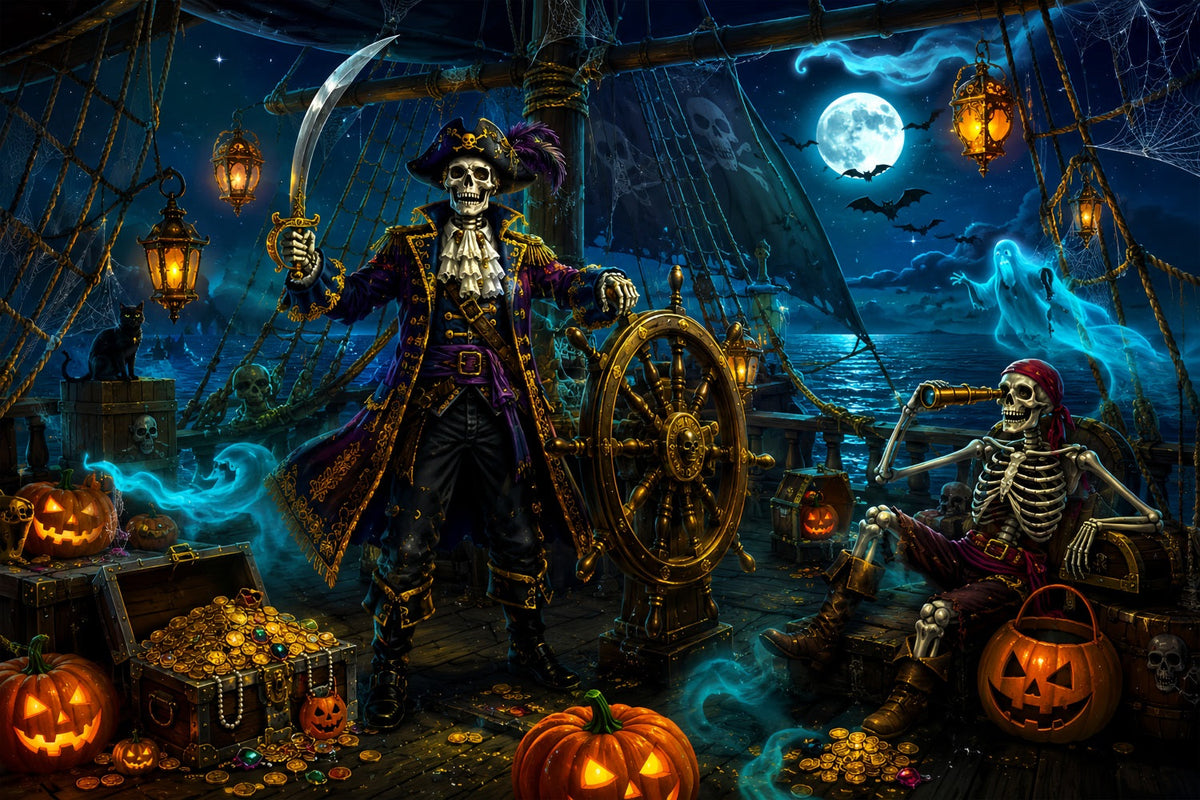 Décor De Fond Halloween Bateau Au Trésor Pirate Squelette LXX67-163