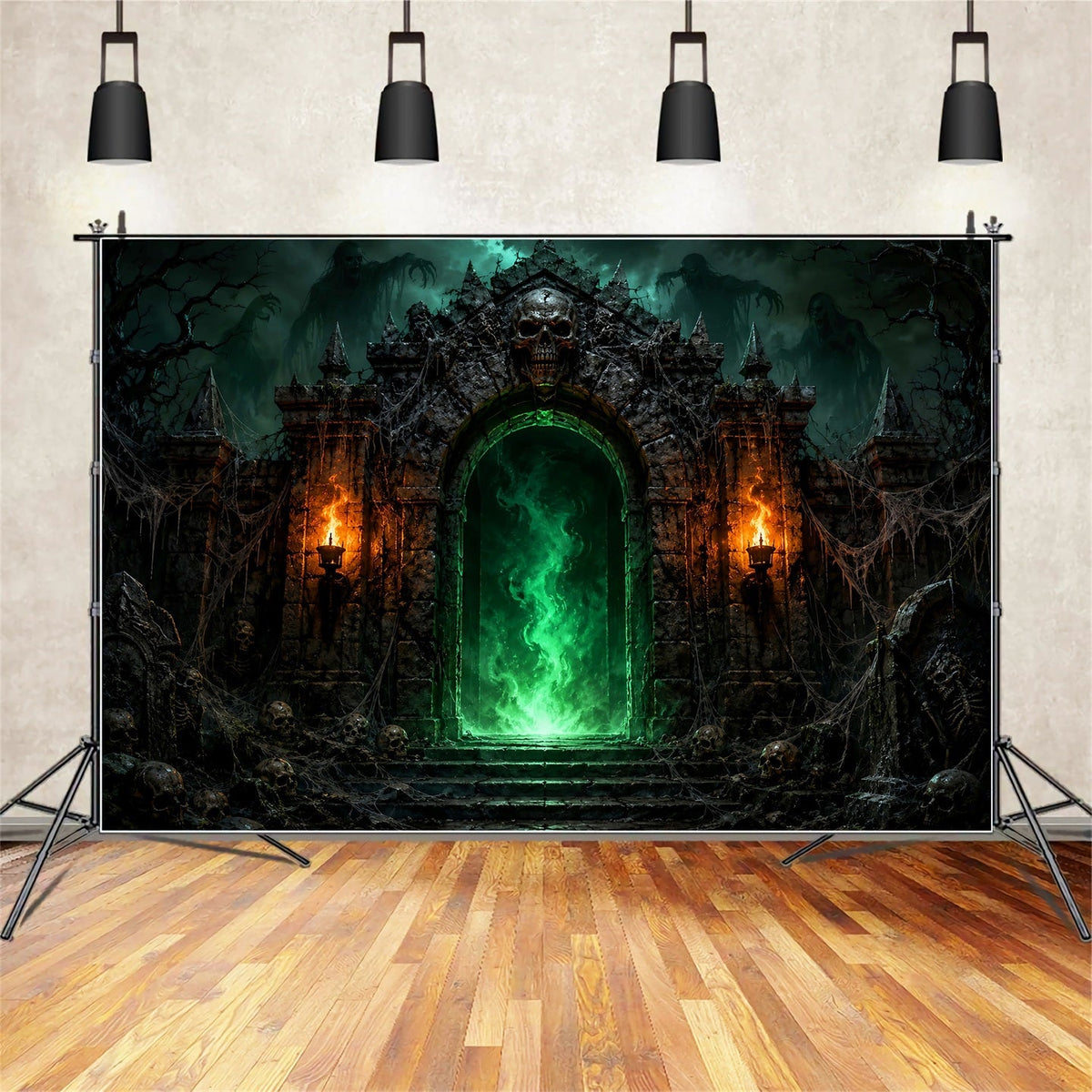 Décor De Fête D'Halloween Forteresse Du Portail Du Crâne Vert Fond De Photomaton D'Halloween LXX67-166