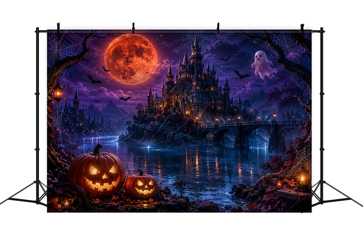 Décor De Lune D'Halloween hâteau Fantôme Au Clair De Lune Décors Photo D'Halloween Au Bord Du Lac LXX67-167