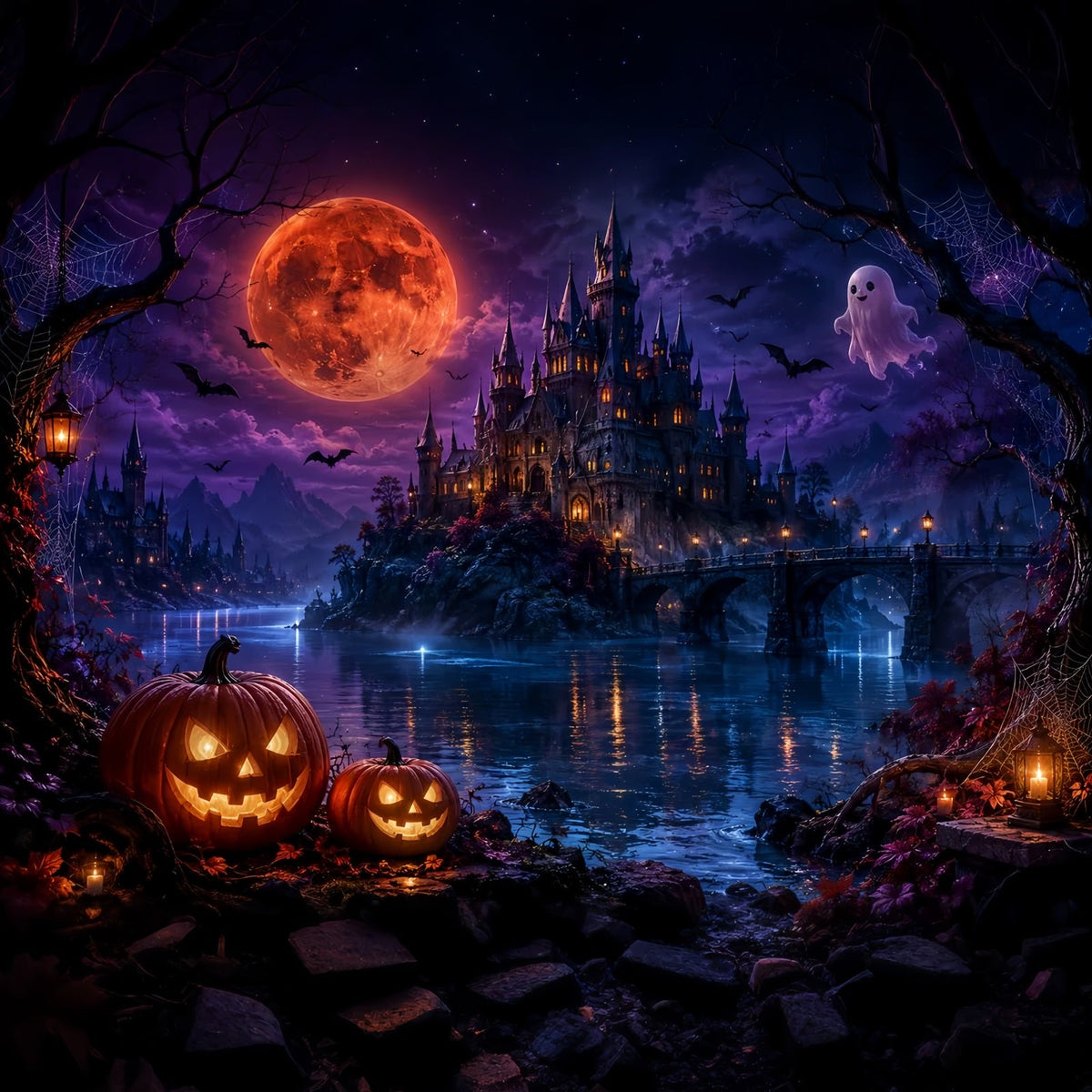 Décor De Lune D'Halloween hâteau Fantôme Au Clair De Lune Décors Photo D'Halloween Au Bord Du Lac LXX67-167