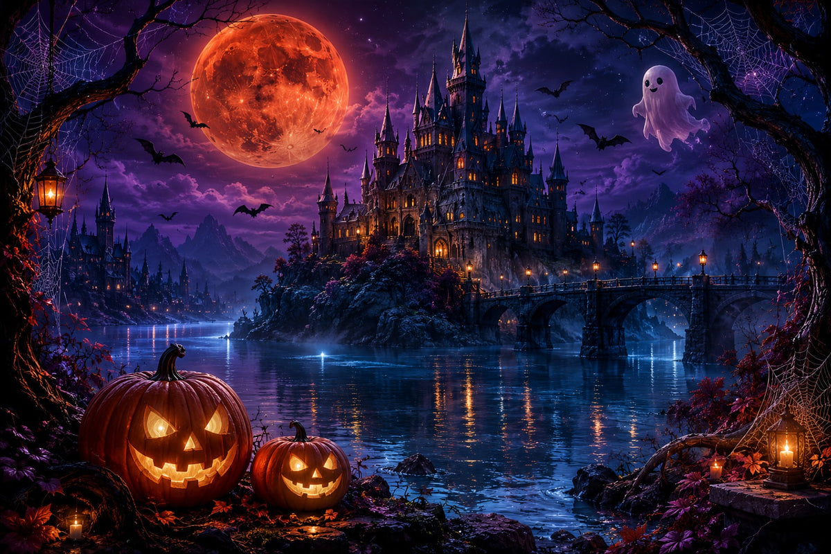 Décor De Lune D'Halloween hâteau Fantôme Au Clair De Lune Décors Photo D'Halloween Au Bord Du Lac LXX67-167