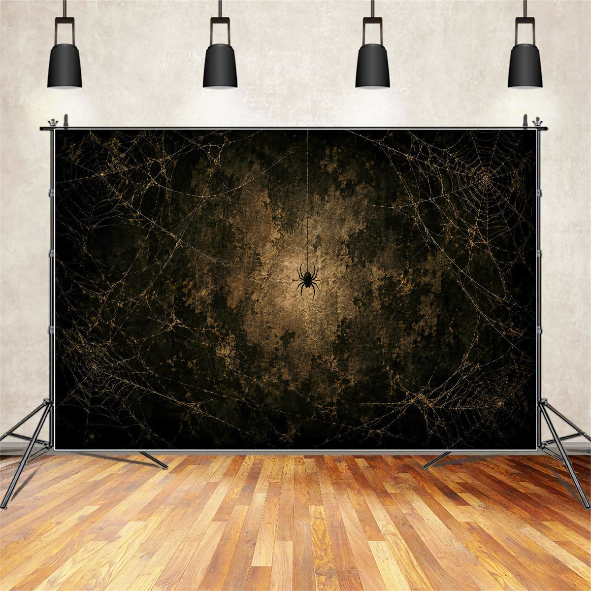 Fond Photo D'Halloween Toile D'Araignée Dorée Style Grunge Décoration Murale Pour Fête D'Halloween LXX67-169