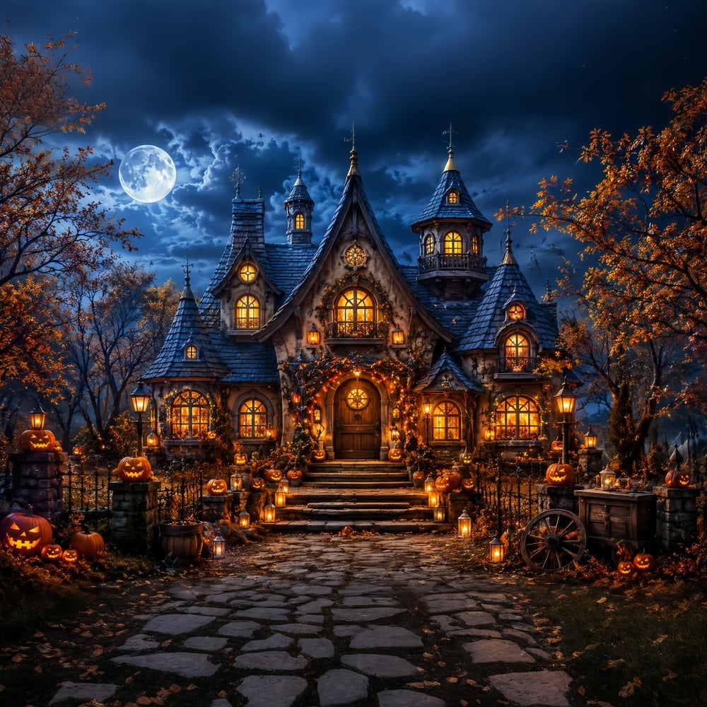 Décor D'Halloween Automnal Maisonnette Avec Citrouilles Au Clair De Lune Lanternes Décors Effrayants LXX67-17