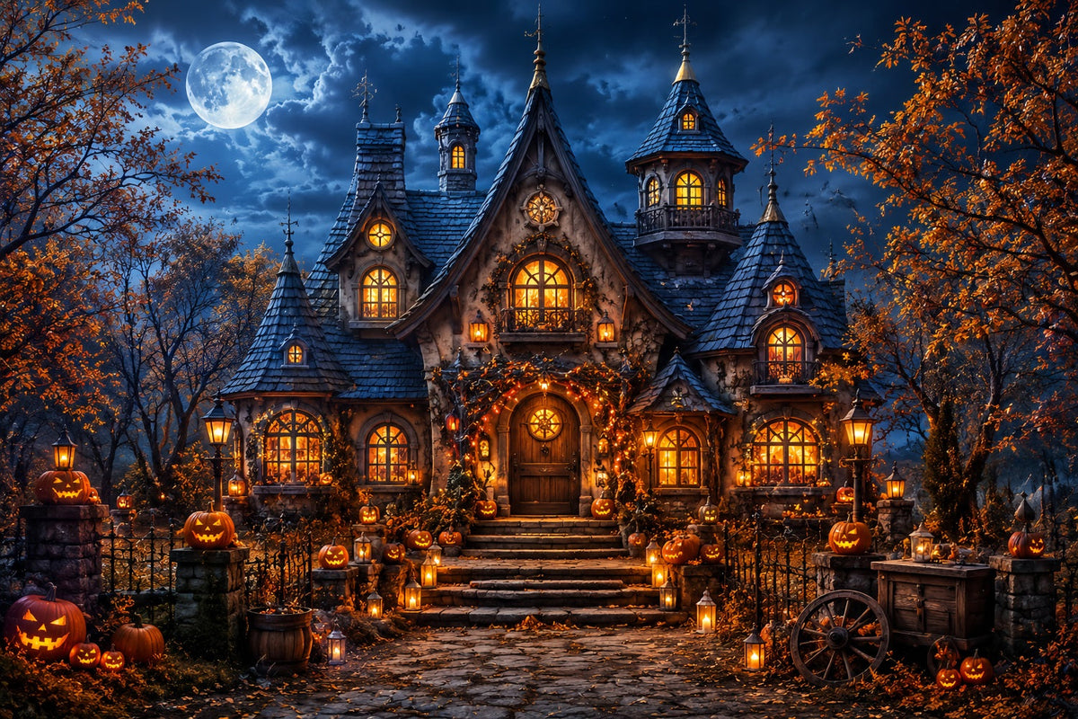 Décor D'Halloween Automnal Maisonnette Avec Citrouilles Au Clair De Lune Lanternes Décors Effrayants LXX67-17