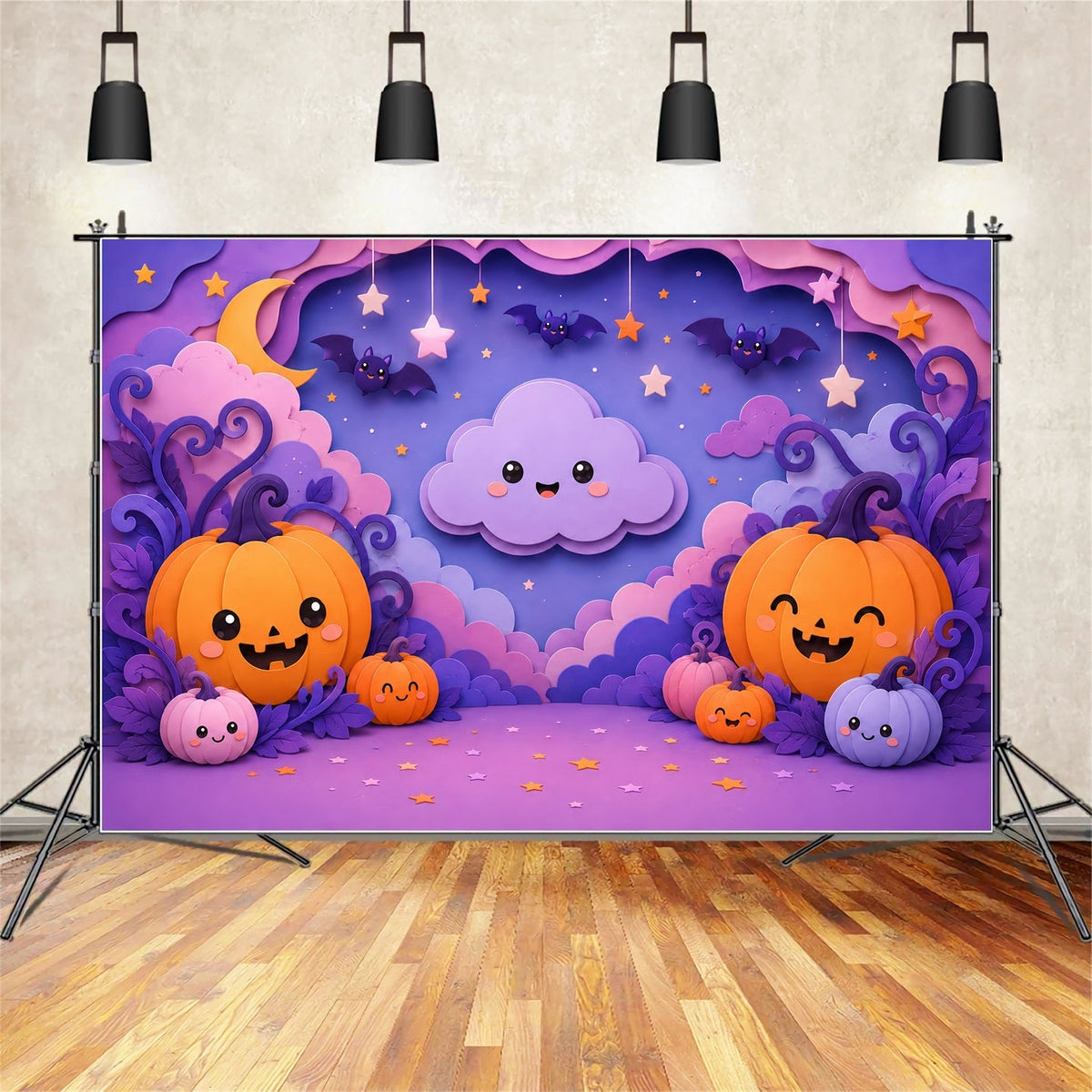 Fond Photo D'Halloween Mignon Citrouille Pastel Et Nuage Décor De Fête Halloween LXX67-172
