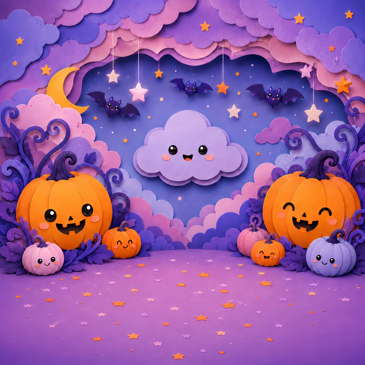 Fond Photo D'Halloween Mignon Citrouille Pastel Et Nuage Décor De Fête Halloween LXX67-172