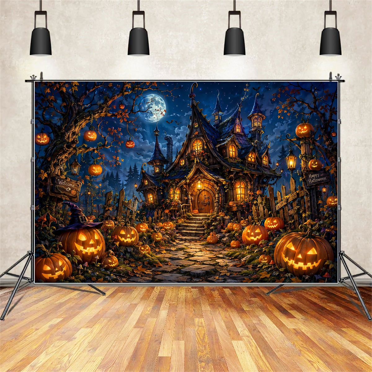 Décor De Château D'Halloween Avec Citrouille Au Clair De Lune Et Maison De SorcièreGrand Décor D'Halloween LXX67-175