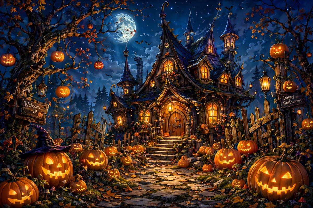 Décor De Château D'Halloween Avec Citrouille Au Clair De Lune Et Maison De SorcièreGrand Décor D'Halloween LXX67-175