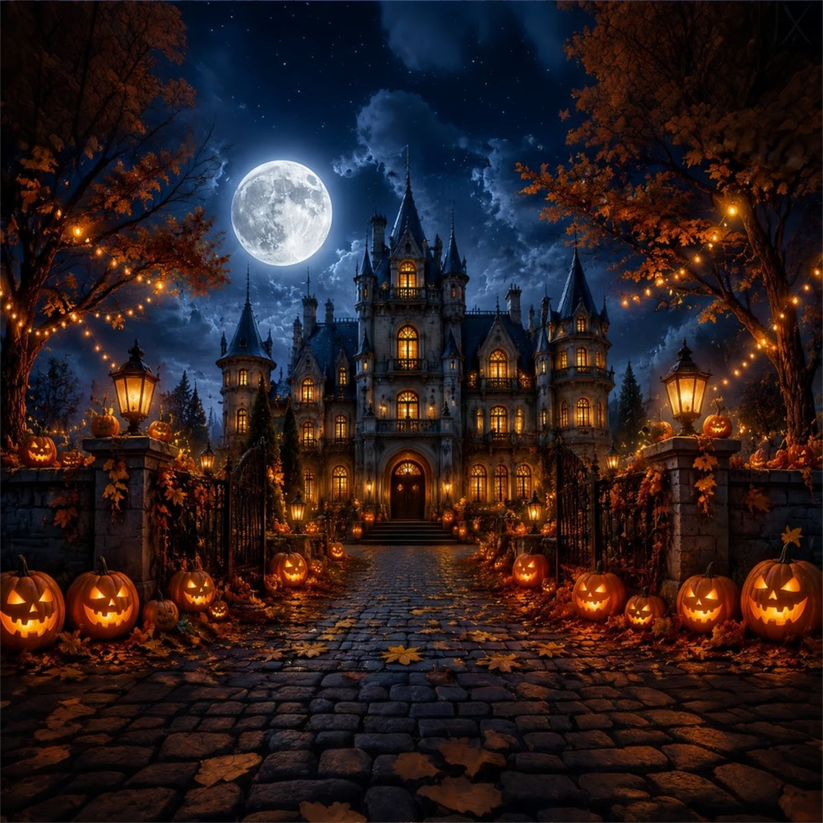Décor D'Halloween Automnal Manoir Gothique Au Clair De Lune Citrouilles Décors Effrayants Pour Halloween LXX67-18