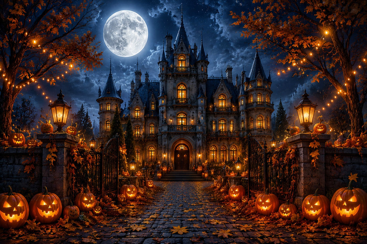 Décor D'Halloween Automnal Manoir Gothique Au Clair De Lune Citrouilles Décors Effrayants Pour Halloween LXX67-18