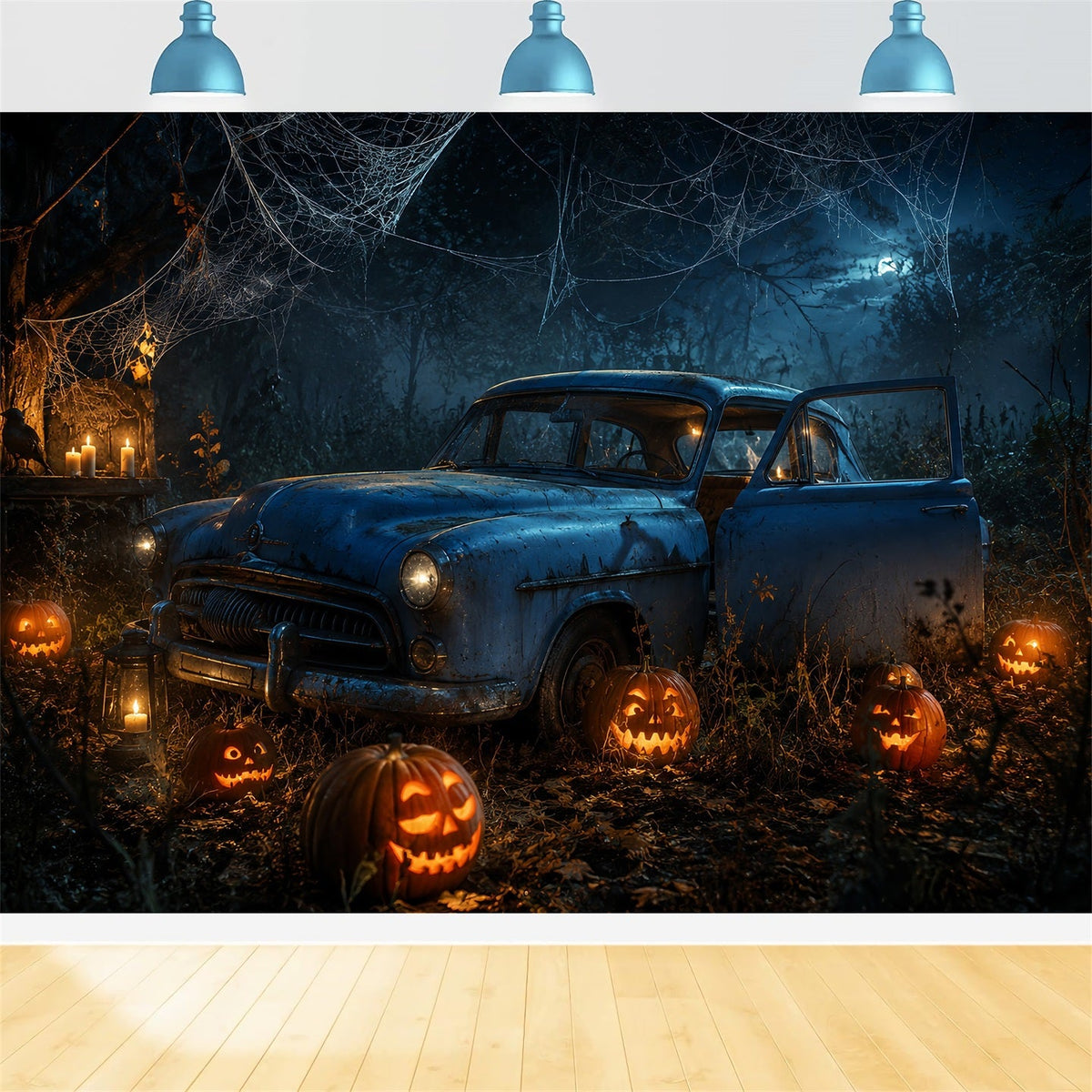 Décor De Garage D'Halloween Forêt De Citrouilles Abandonnée Décor De Voiture Pour Halloween LXX67-184