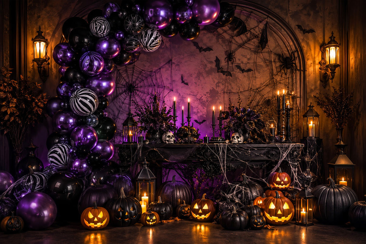Décor De Fond D'Halloween Avec Ballons Citrouille Violette Et Toile D'Araignée Thème Halloween LXX67-189