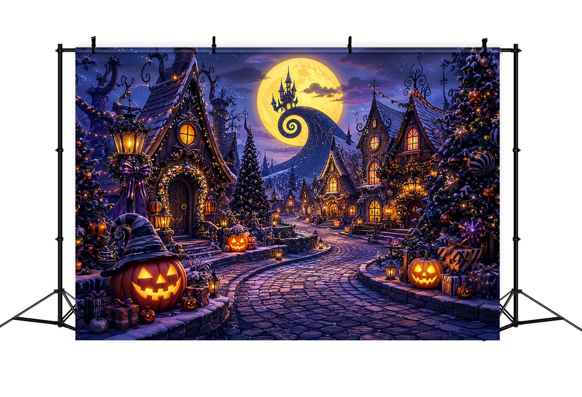 Toiles De Fond Photographiques Halloween Au Clair De Lune Citrouille Village De Vacances Décor LXX67-196