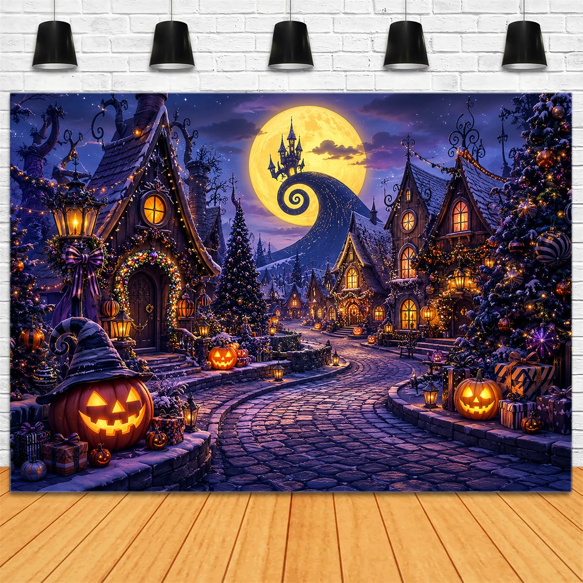 Toiles De Fond Photographiques Halloween Au Clair De Lune Citrouille Village De Vacances Décor LXX67-196