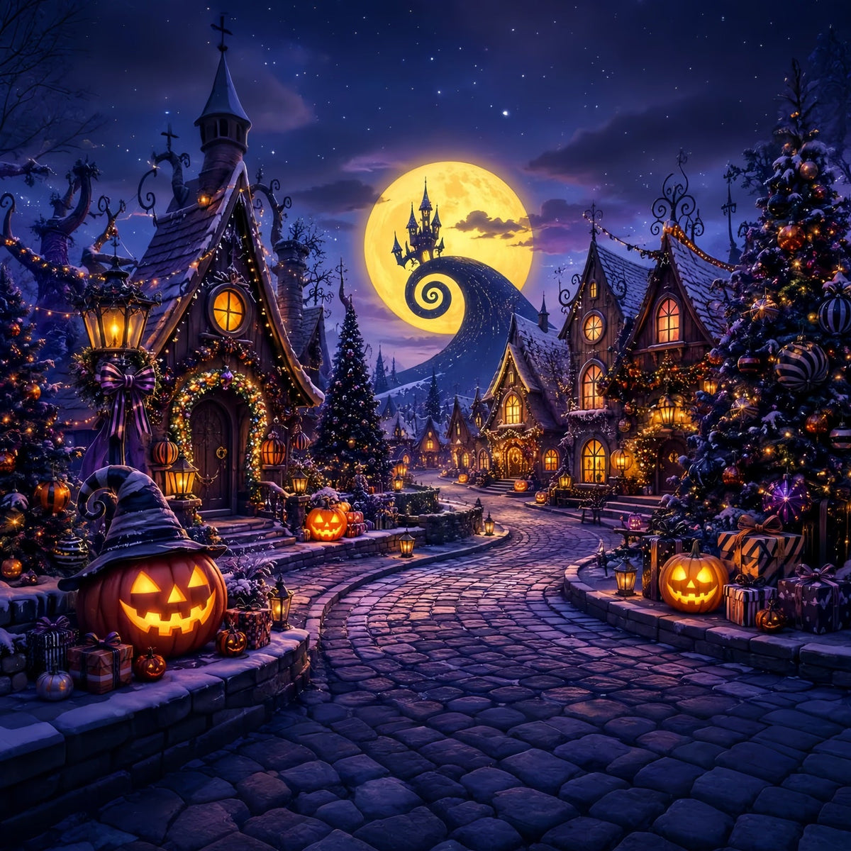 Toiles De Fond Photographiques Halloween Au Clair De Lune Citrouille Village De Vacances Décor LXX67-196