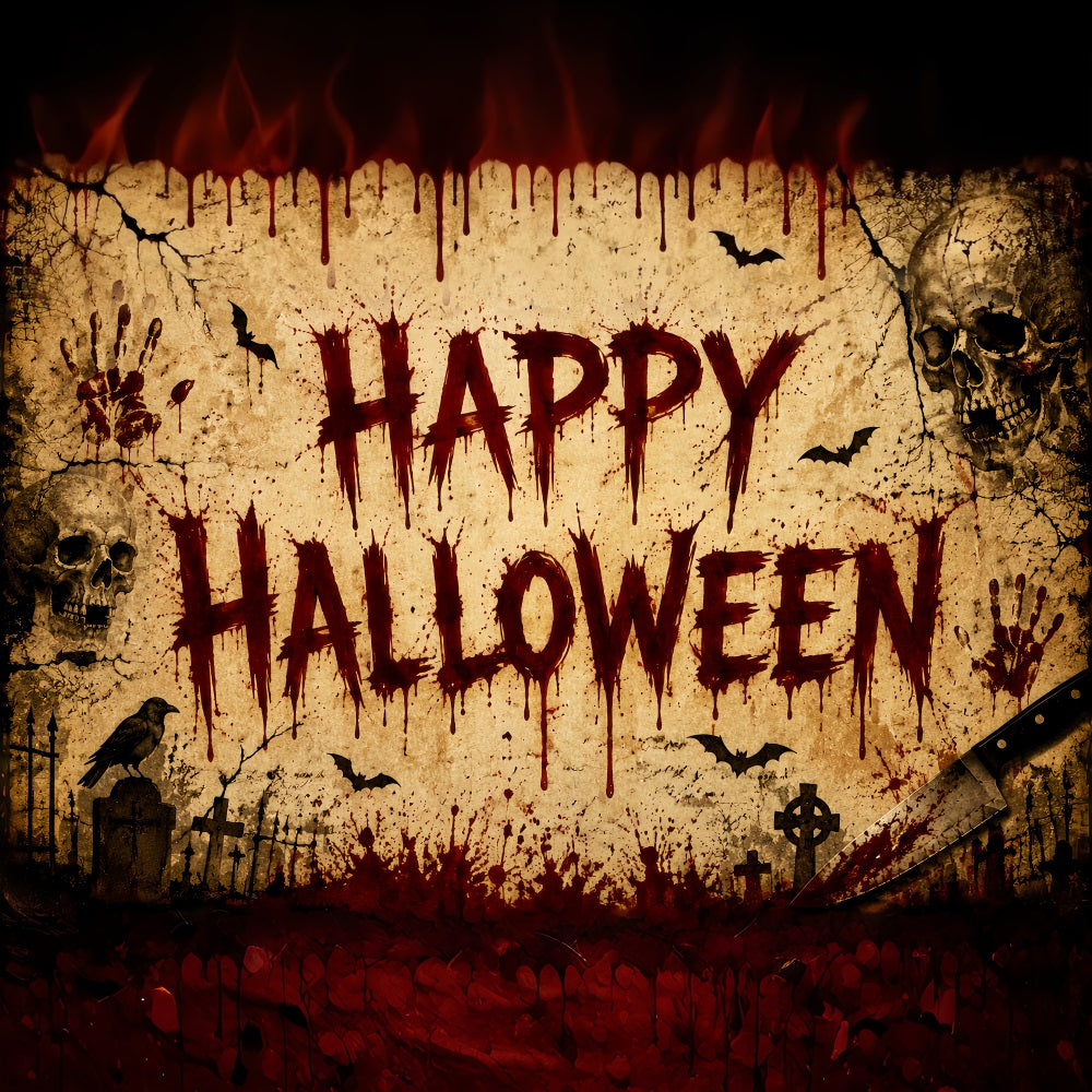 Décor D'Halloween Sanglant Avec Crânes En ParcheminChauves-Souris Et Empreintes De Mains LXX67-2