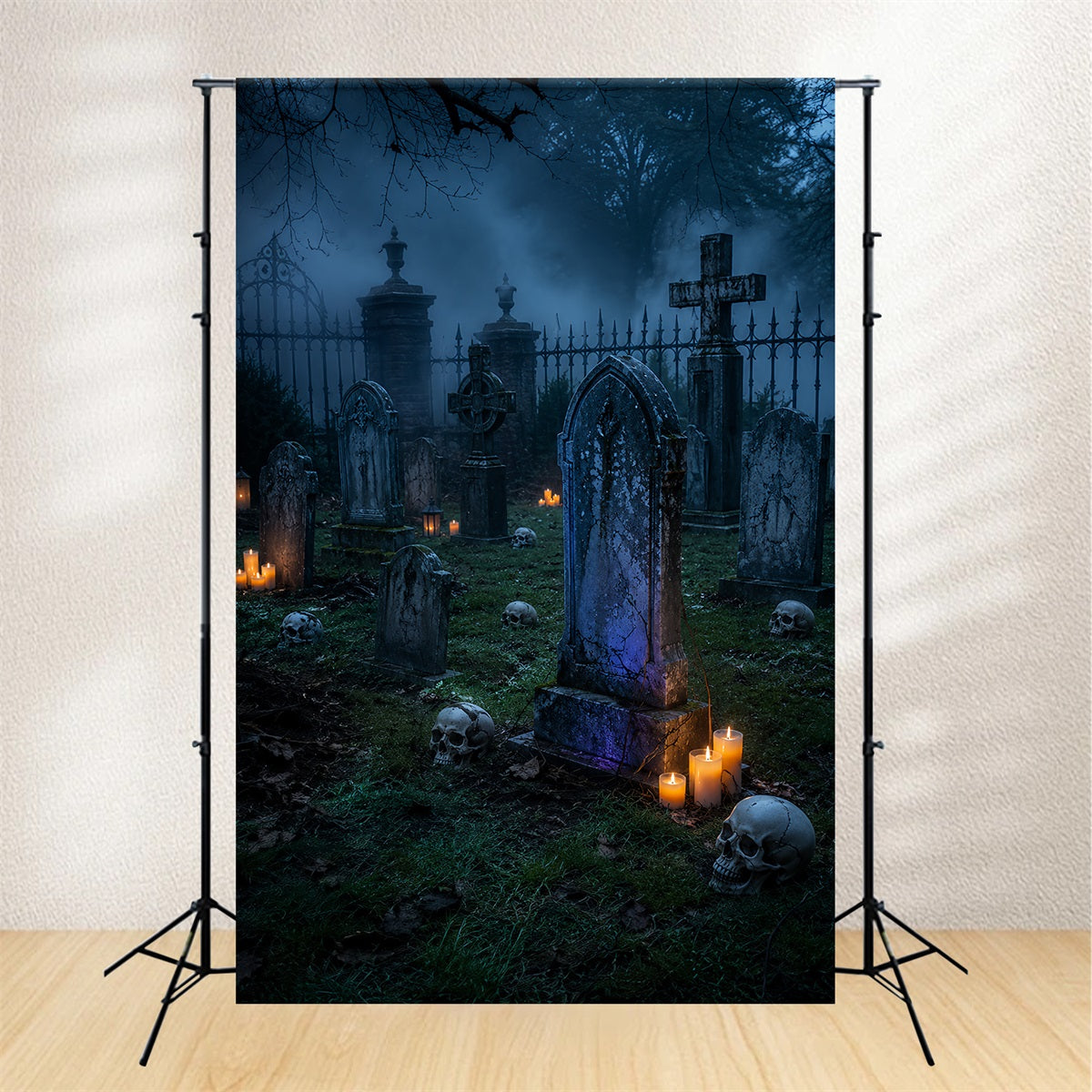 Décor De Fond En Tissu Pour HalloweenCimetière Brumeux Et Illuminé Aux Chandelles CrâneL LX67-202